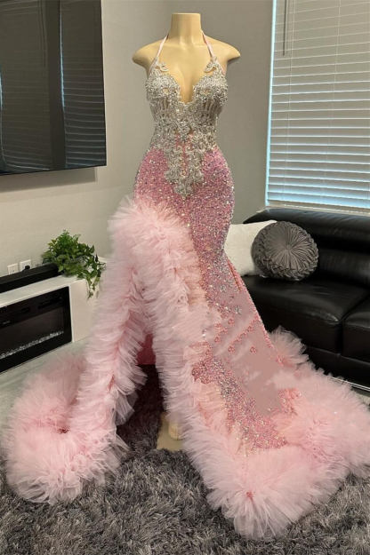Sexy Halter Pink Glitter Sequins Mermaid Prom Dress with Side Split
