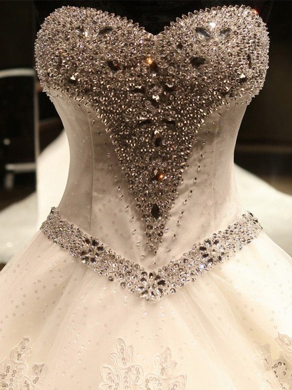 Sleeveless Applique Sequin Sweetheart Ball Gown Cathedral Train Tulle Wedding Dresses UK-27Dress.co.uk