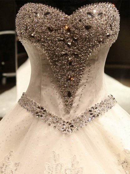Sleeveless Applique Sequin Sweetheart Ball Gown Cathedral Train Tulle Wedding Dresses UK-27Dress.co.uk