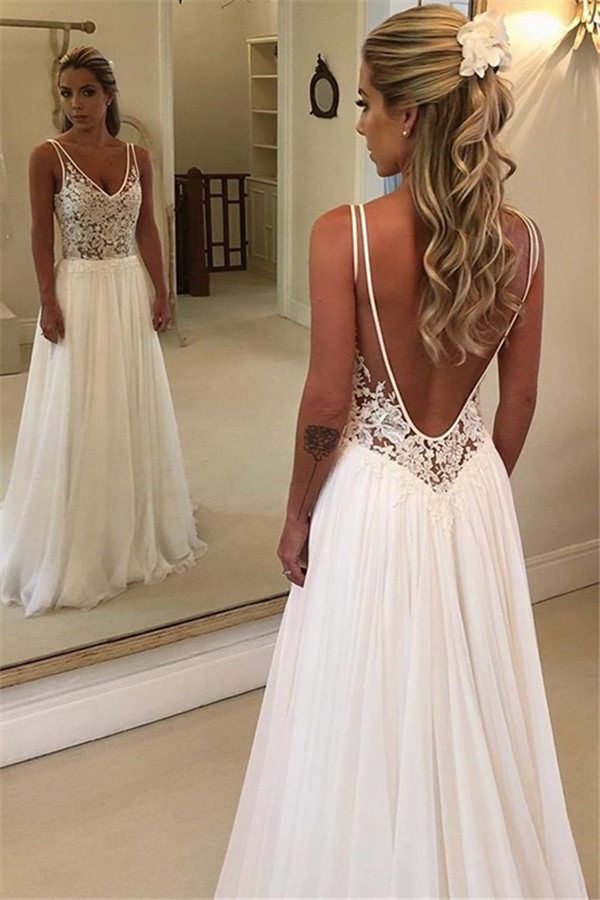 Unique V-Neck Sleeveless Appliques A-Line Sweep Train Wedding Dress
