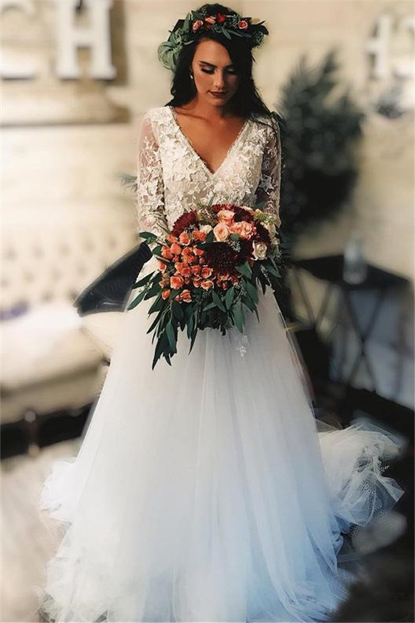 Elegant V-Neck Applique Wedding Dresses UK Sheer Longsleeves Floral Br –  27Dress.co.uk