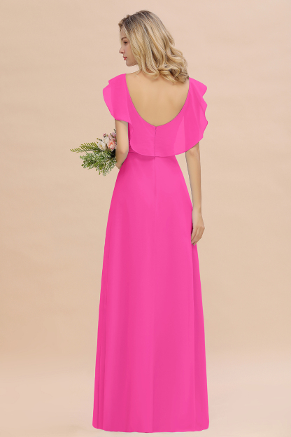 V-Neck A-line Bridesmaid Dress Chiffon Long Wedding Party Dress with Split