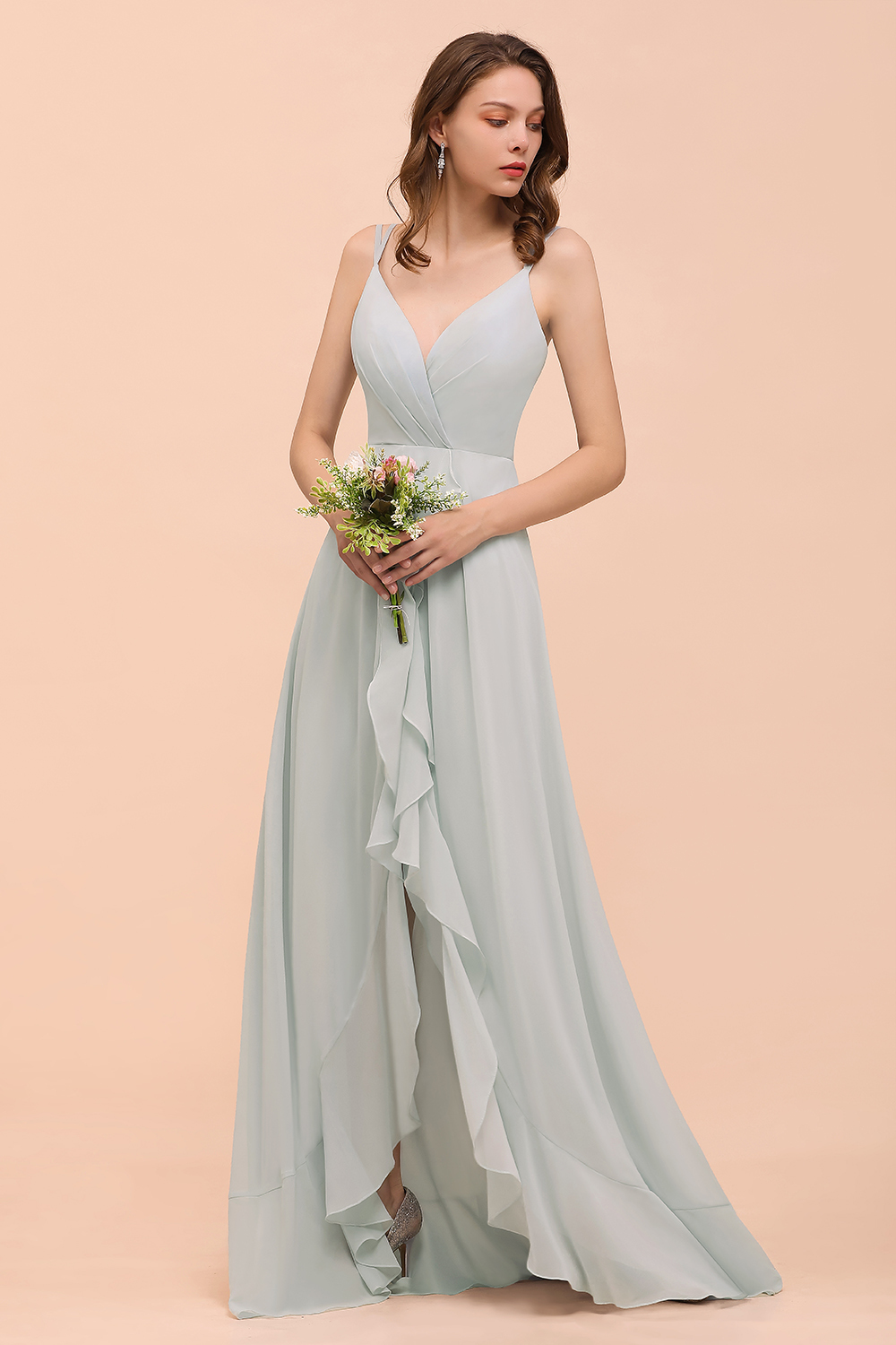 Elegant Mist Bridesmaid Dress Affordable V-Neck Straps Long Evening Dress