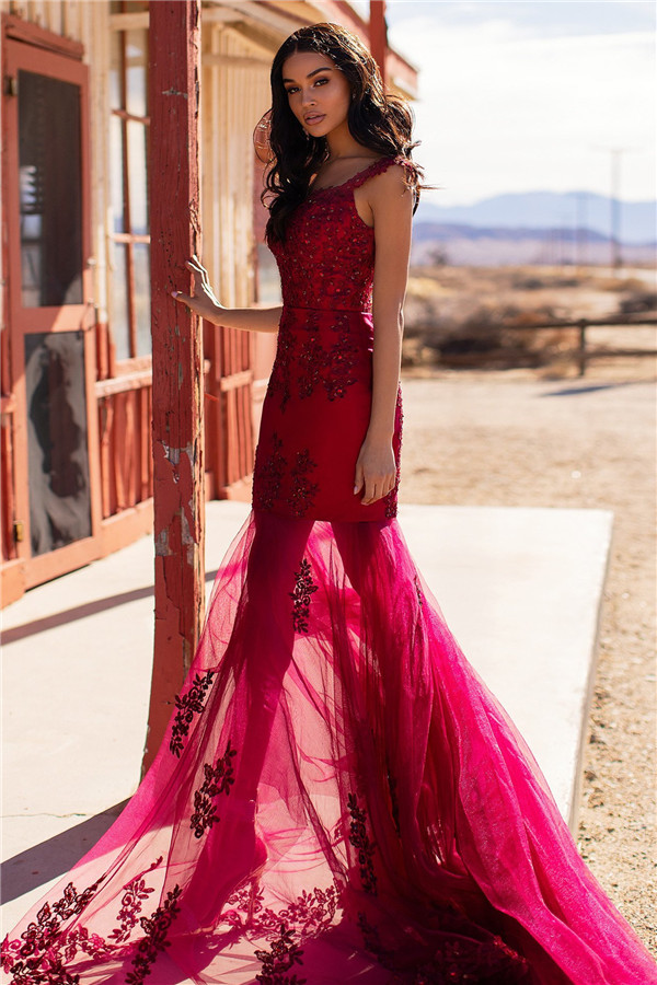 Burgundy Evening Gowns Cheap | Straps Appliques Tulle Mermaid Prom Dresses UK