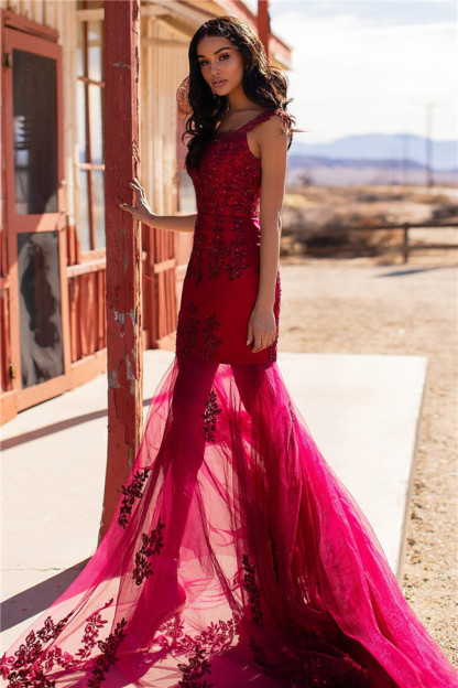 Burgundy Evening Gowns Cheap | Straps Appliques Tulle Mermaid Prom Dresses UK