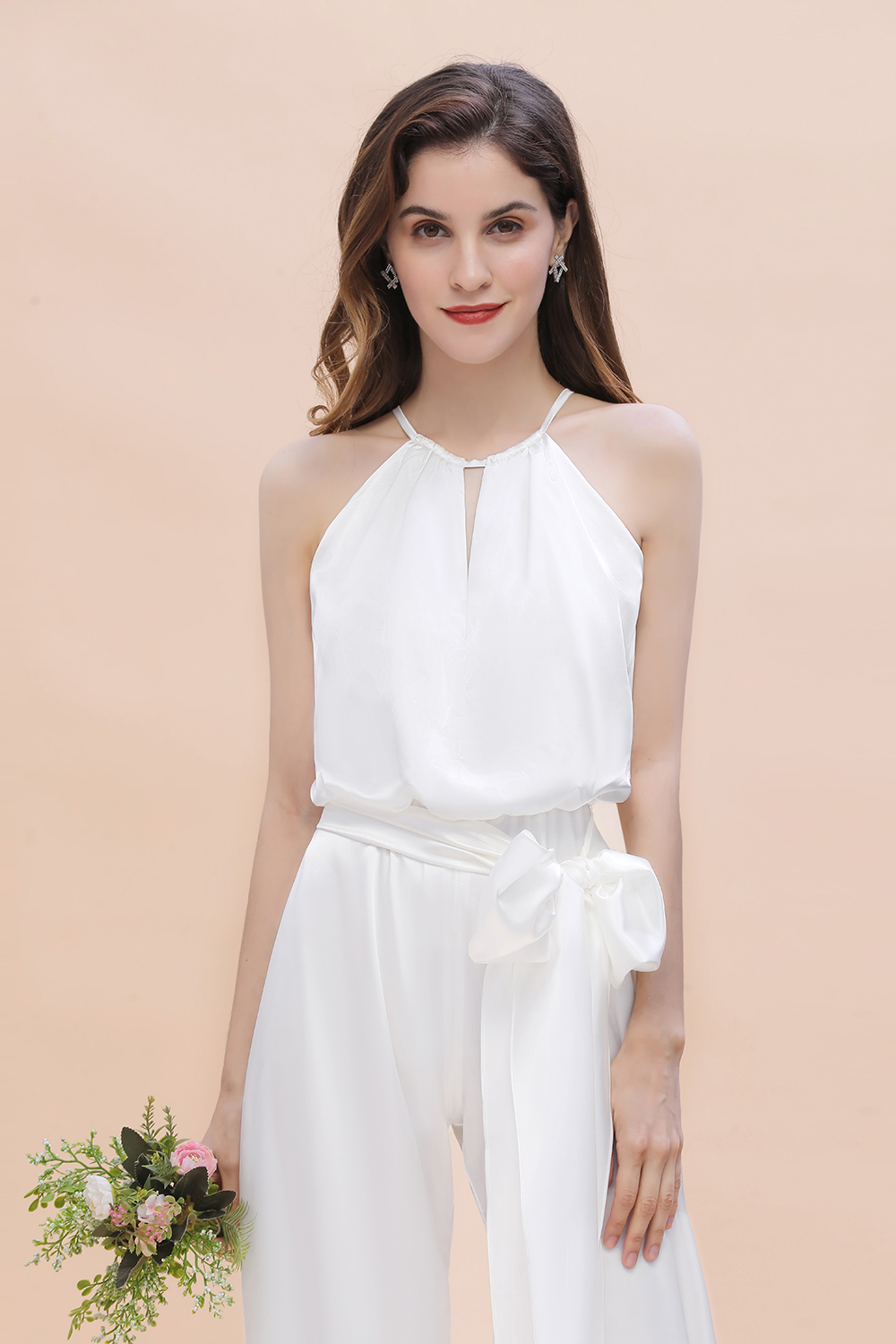 Halter White Satin Two Piece Jumpsuit for Wedding Halter Wedding Guest Dress