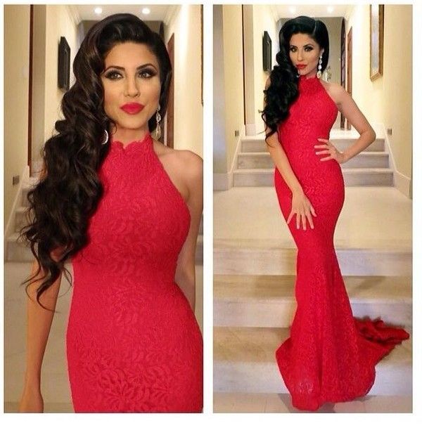 Lace Elegant Mermaid Prom Dress UK red High-neck Sleeveless Evening Gowns