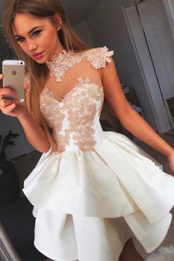 Lace-Appliques Delicate High-neck Cap-Sleeve Short Homecoming Dress UK BA7206