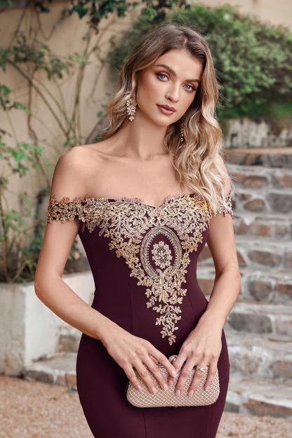 Off-the-Shoulder Mermaid Prom Dress Gold Appliques Long Evening Dress