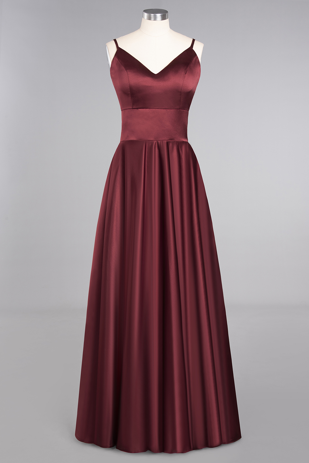 Spaghetti Straps Burgundy Satin Long Bridesmaid Dress Simple V-Neck Party Dress