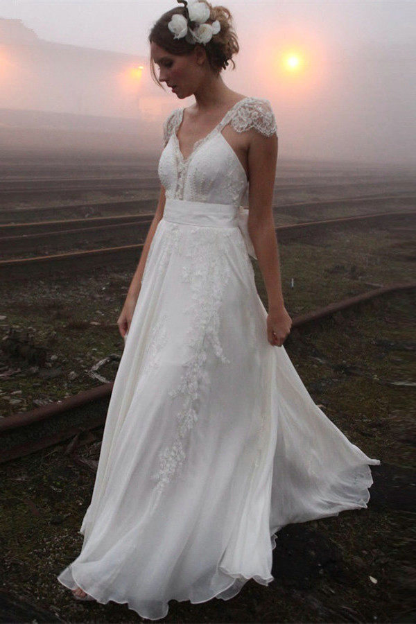 Elegant Summer Beach Wedding Dresses UK Cap Sleeve Lace Long Bridal Gowns