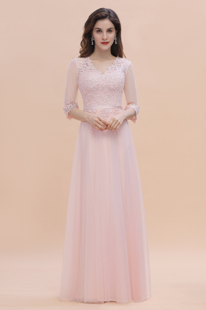 Elegant Half Sleves Pink Lace Tulle Bridesmaid Dress V-Neck Long Wedding Party Dress