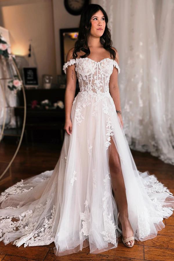 Off-the-Shoulder Floral Lace Tulle Front Slit Wedding Dress-27Dress.co.uk