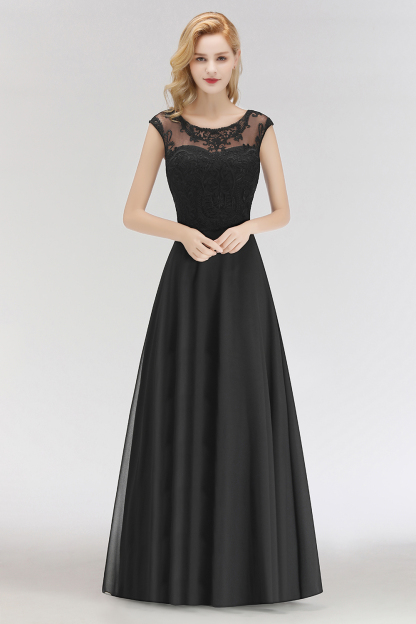 Elegant Sleeveless Black Chiffon Lace Bridesmaid Dress Simple Evening Dress