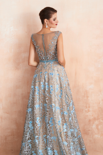 Charming Scoop Neck Cap Sleeves Flower Aline Evening Dress Beadings Floor Length Special Occasion Dress