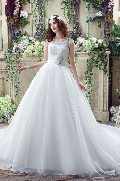 Elegant Illusion Lace Beadss Wedding Dress Cap Sleeve Zipper
