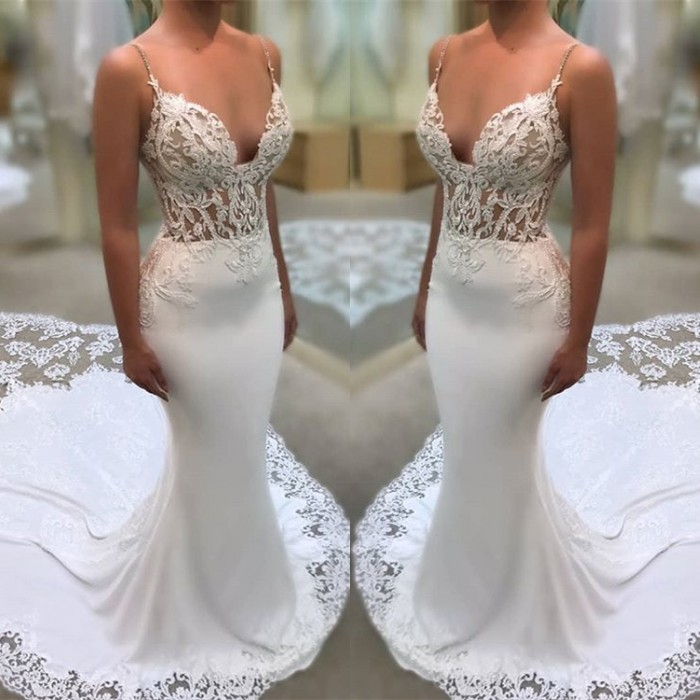Elegant Spaghetti-Straps Wedding Dress | 2019 Lace Sexy Mermaid Bridal Gowns