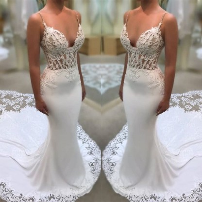 Elegant Spaghetti-Straps Wedding Dress | 2019 Lace Sexy Mermaid Bridal Gowns