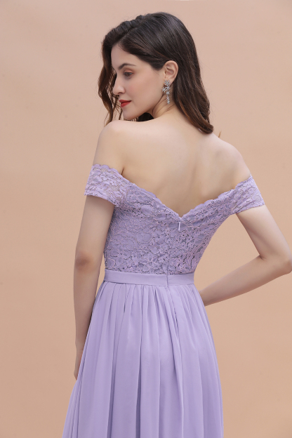 Off-the-Shoulder Lace Chiffon Long Bridesmaid Dresses with Side Slit
