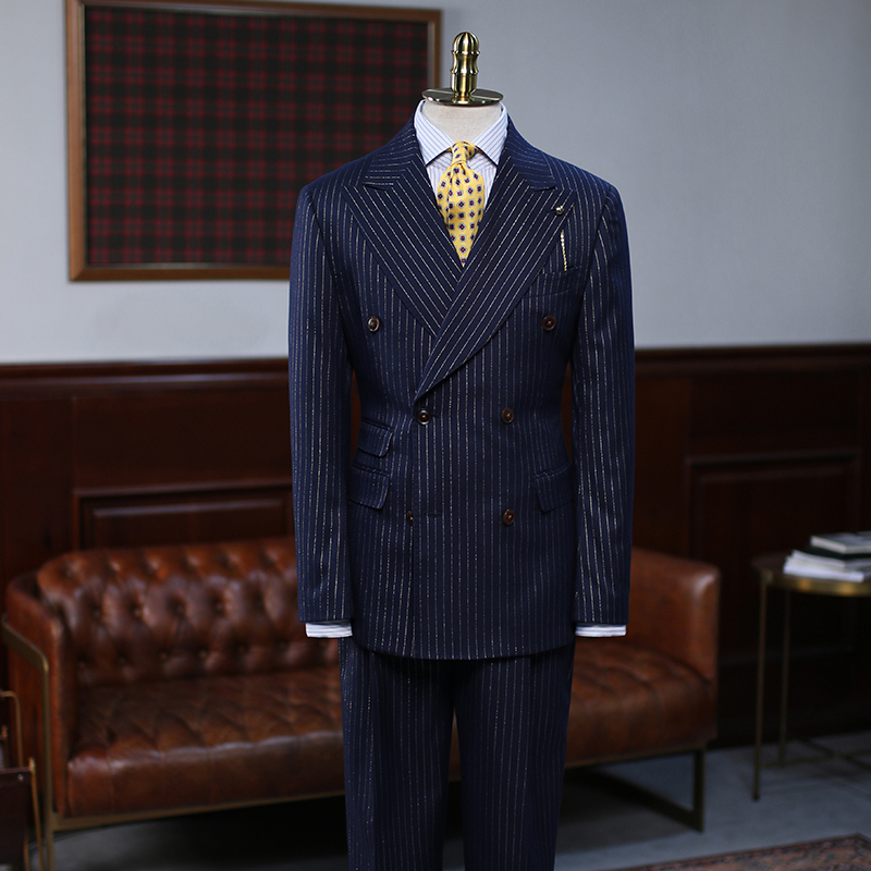 Quinn Trendy Navy Blue Striped Double Breasted Formal Menswear