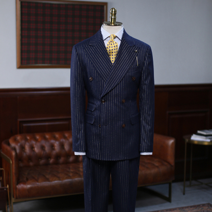 Quinn Trendy Navy Blue Striped Double Breasted Formal Menswear