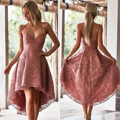 Hi-Lo Lace Spaghetti Straps Formal Dresses | V-Neck Short Evening Dress UK