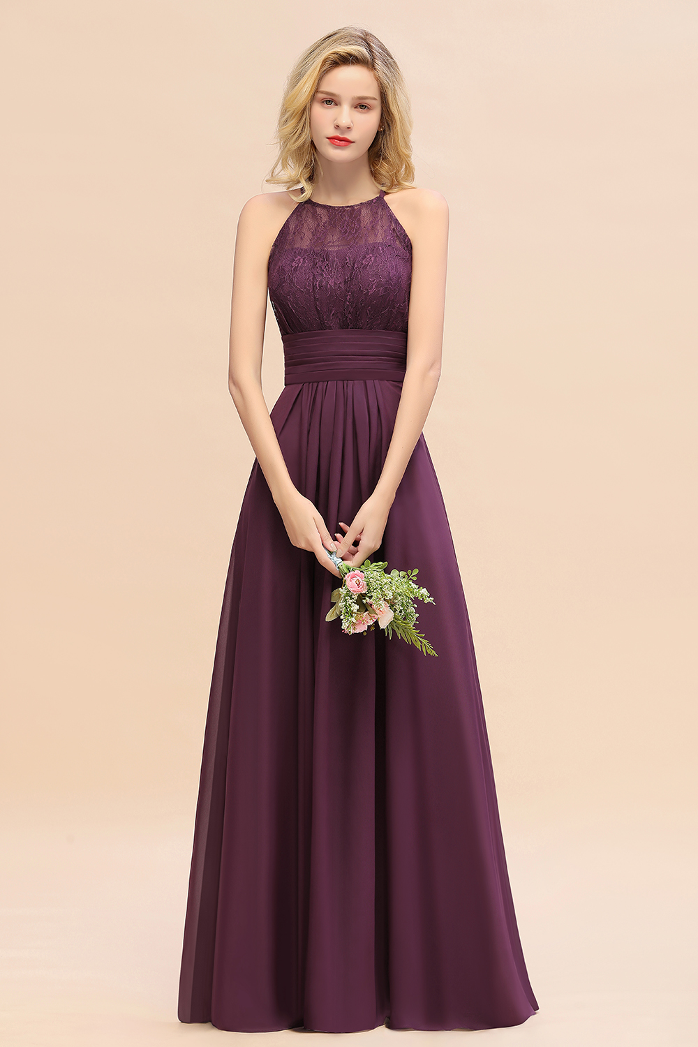 Halter Grape Lace Bridesmaid Dress Sleeveless Long Wedding Guest Dress