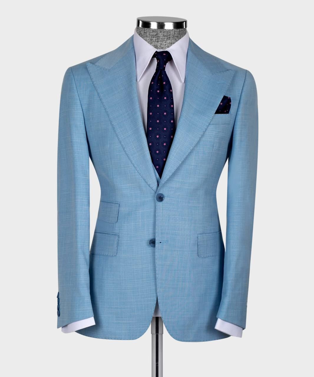 Hugh Bespoke Sky Blue Three Pieces Peaked Lapel Men Suits