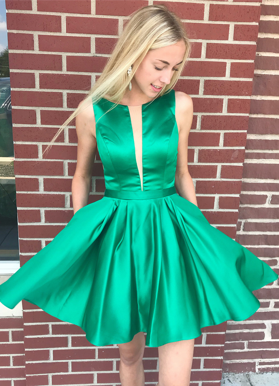 Sleeveless Stretch Satin Green Short Party Dresses Cheap Online