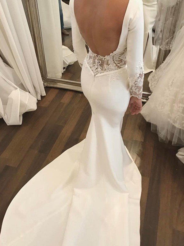 Lace Satin Long Sleeves Sexy Mermaid Scoop Neckline Court Train Wedding Dresses UK