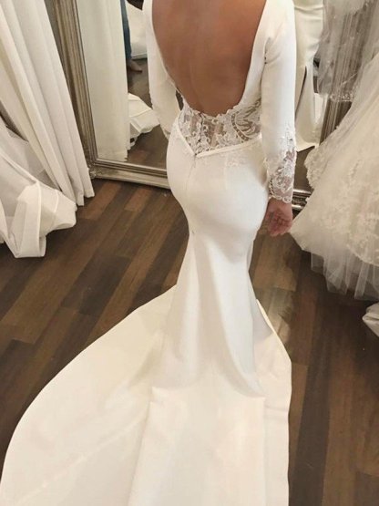 Lace Satin Long Sleeves Sexy Mermaid Scoop Neckline Court Train Wedding Dresses UK