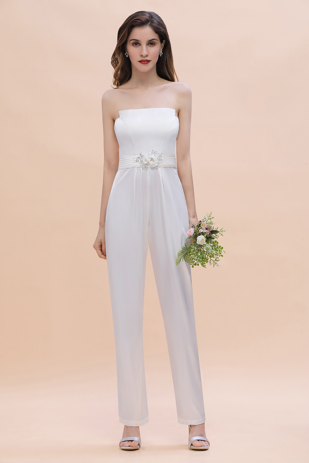 Elegant Strapless White Satin Jumpsuits with Beading Flower