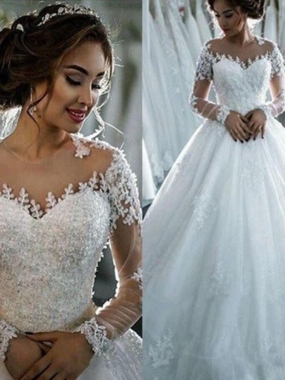 Scoop Neckline Applique Long Sleeves Ball Gown Tulle Wedding Dresses UK