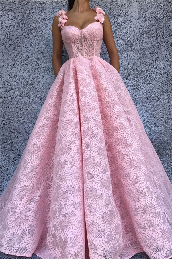 Sexy Lace Sweetheart Pink Prom Dress | Stylish Flower Straps Sleeveless Long Evening Dress UK