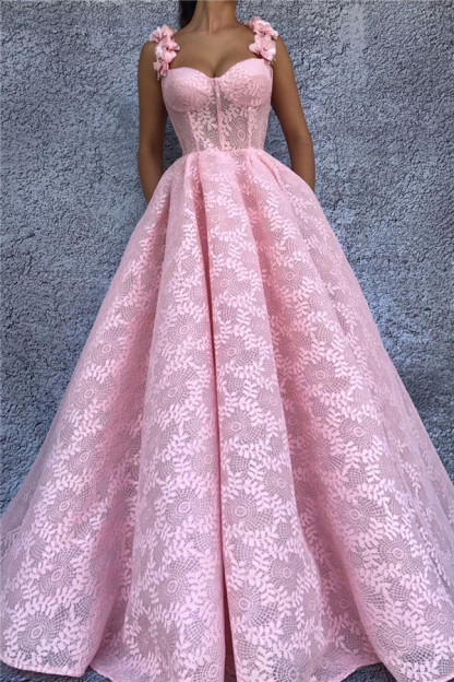 Sexy Lace Sweetheart Pink Prom Dress | Stylish Flower Straps Sleeveless Long Evening Dress UK