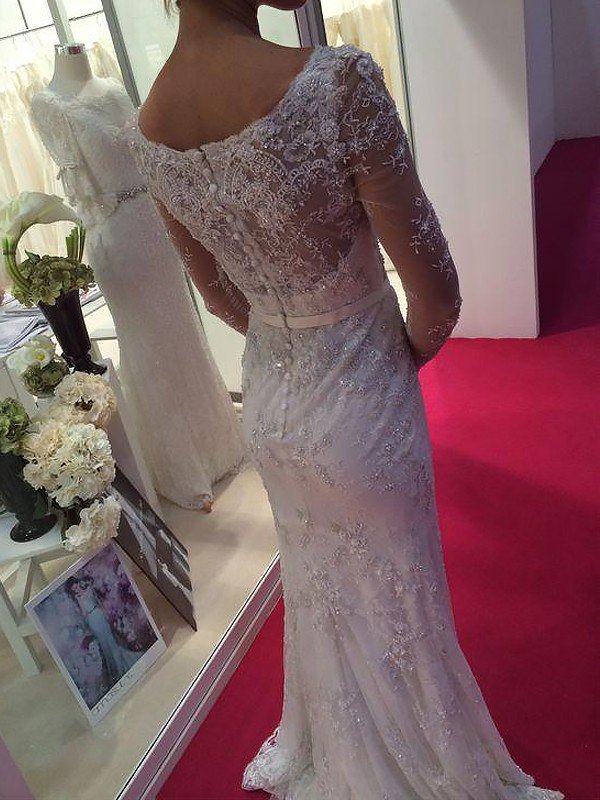 Sheath Lace Sweep Train Scoop Neckline Long Sleeves Wedding Dresses UK
