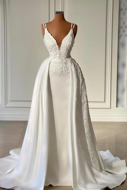 Gorgeous V-Neck White Mermaid Wedding Dress with Lace Appliques Sleeveless Floor Length Bridal Gown with Train-27Dress.co.uk