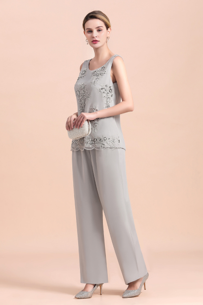 Elegant Sleeveless Appliques Silver Chiffon Mother of Bride 3 Piece Jumpsuit with Wrap
