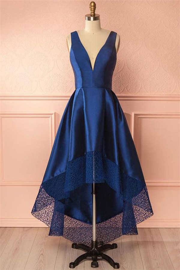 Sexy Thick Satin Straps Prom Dress UKes UK Hi-Lo Lace Sleeveless Evening Dress UKes UK
