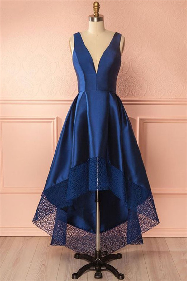 Sexy Thick Satin Straps Prom Dress UKes UK Hi-Lo Lace Sleeveless Evening Dress UKes UK