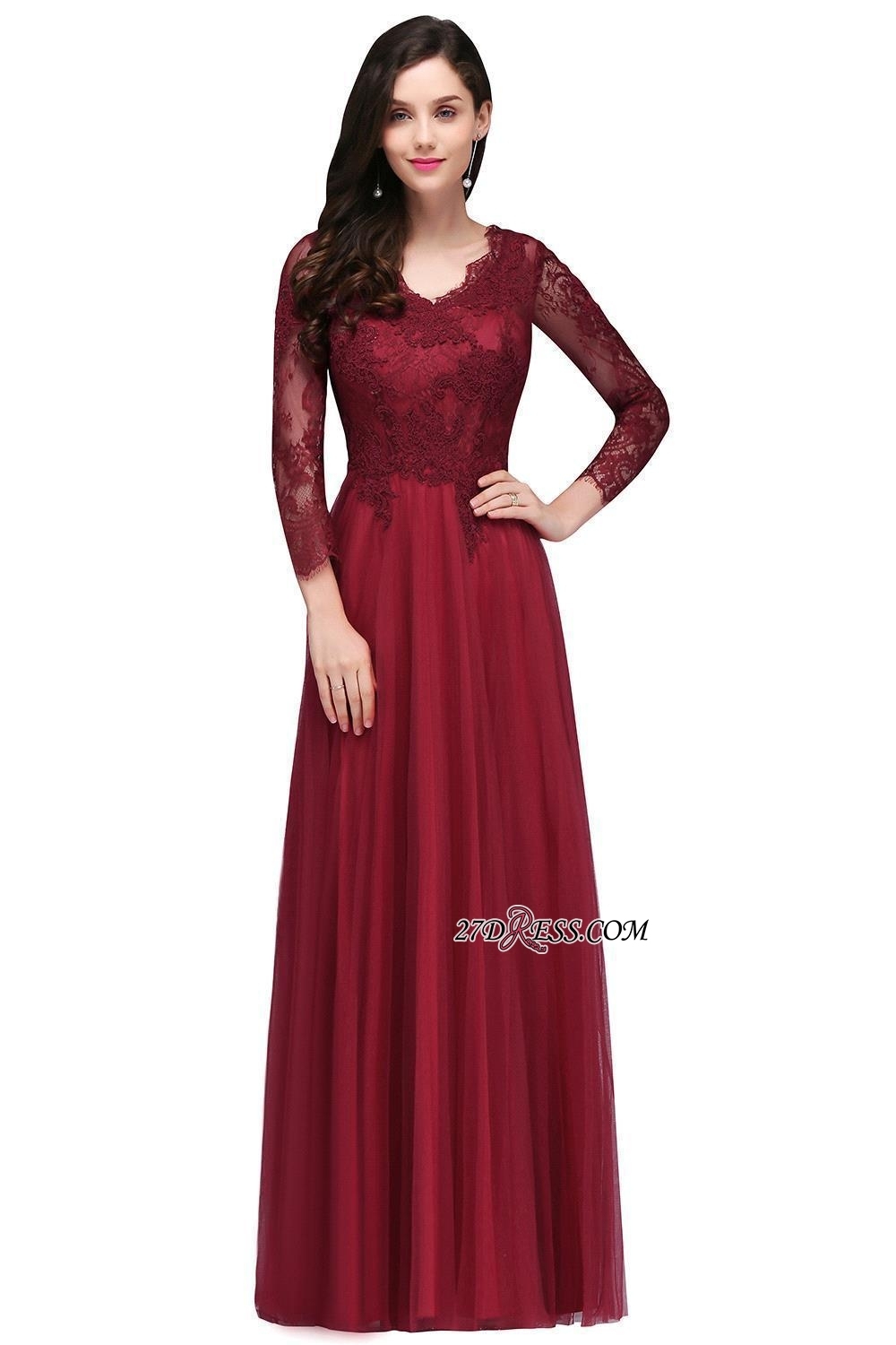 V-Neck Long-Sleeves Burgundy Floor-Length A-line Prom Dress UKes UK
