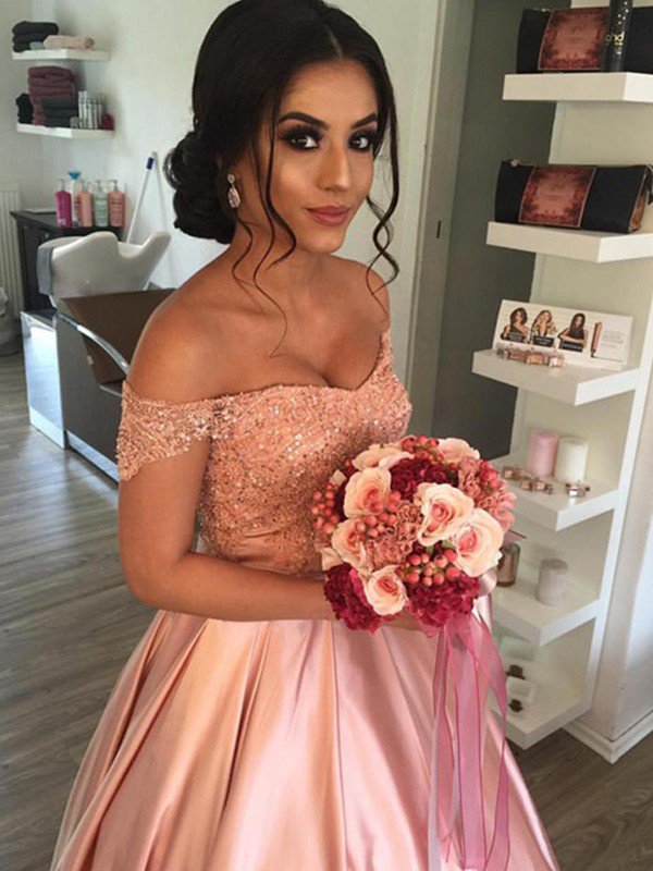 Satin Off-the-Shoulder Ball Gown Cathedral Train Sleeveless Ruffles Wedding Dresses UK