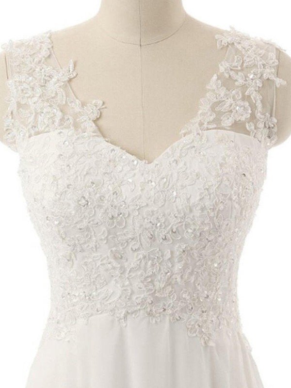 Sweep Train A-Line Lace V-Neck Sleeveless Wedding Dresses UK-27Dress.co.uk
