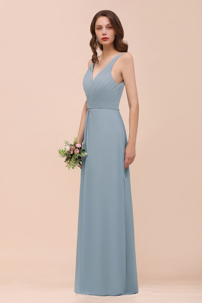 Elegant V-Neck Dusty Blue Chiffon Bridesmaid Dress Sleeveless Floor Length Wedding Guest Dress