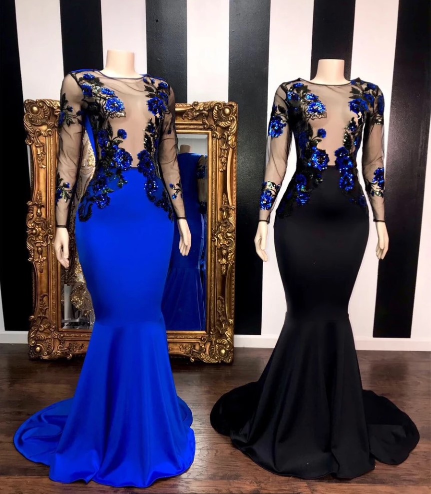 Illusion Long Sleeves Flower Appliques Mermaid Prom Gowns