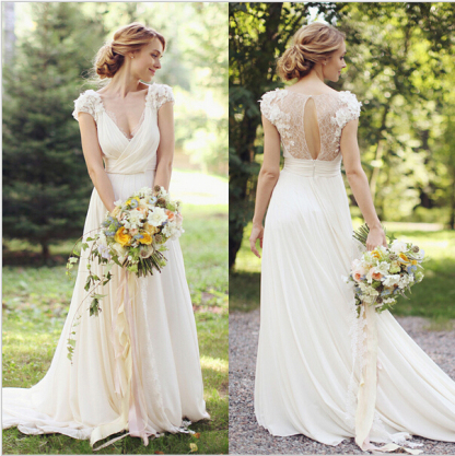 Modern V-neck Flowers Wedding Dress Sweep Train