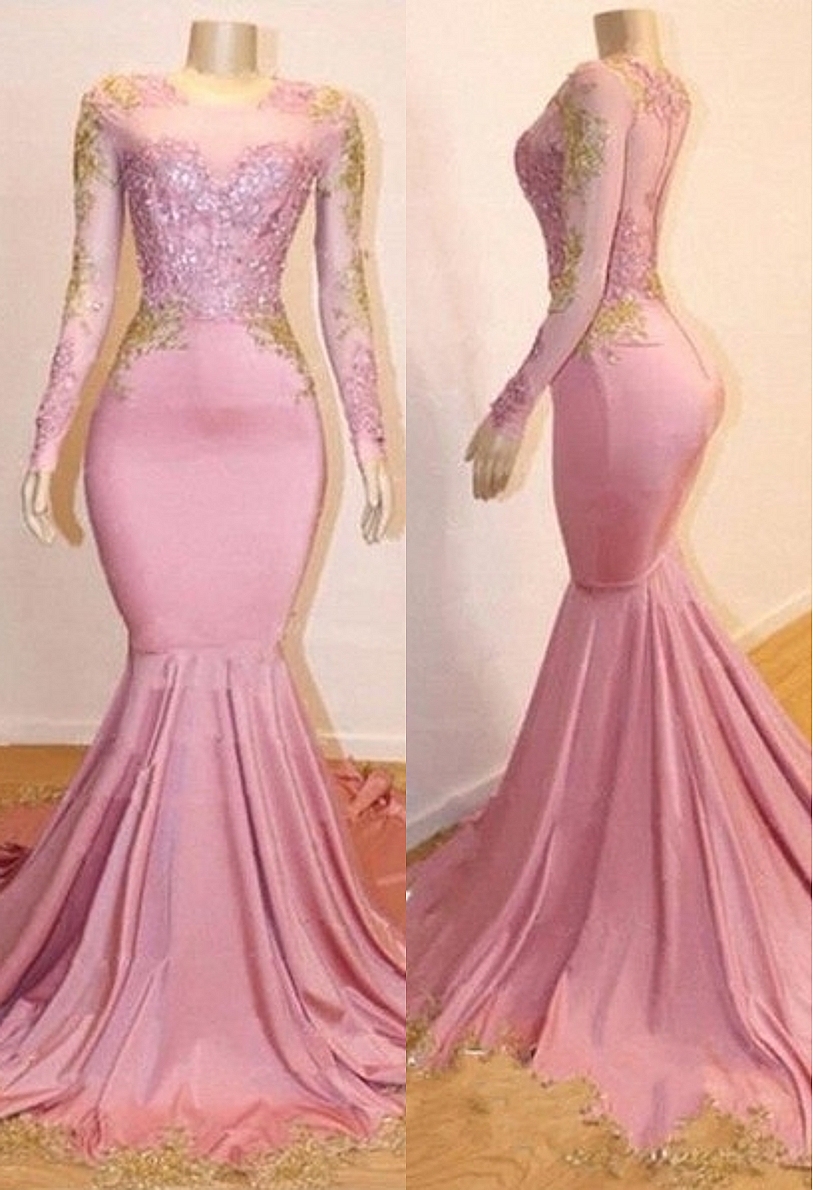 Sweet Pink Lace Appliques Long Sleeves Prom Dress UKes UK UK | Luxury Elegant Trumpt Evening Dress UKes UK
