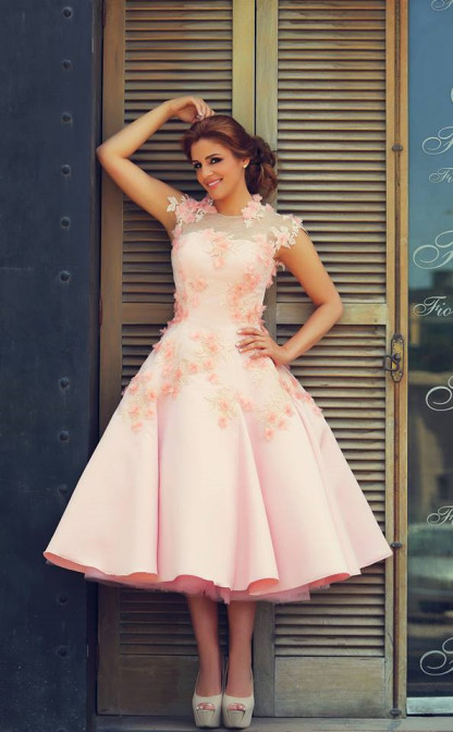 Lovely High Neck Cap Sleeve Prom Dress UK Pink With Flowers