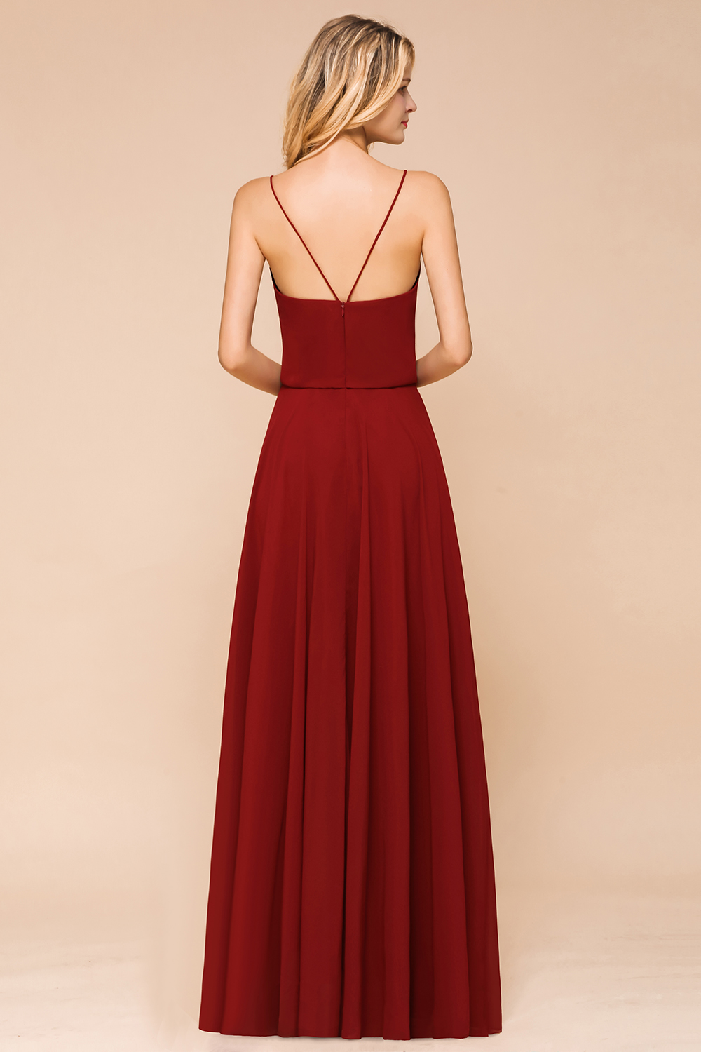 Spaghetti Straps Chiffon Rust Long Bridesmaid Dress
