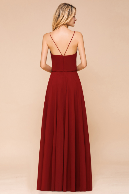 Spaghetti Straps Chiffon Rust Long Bridesmaid Dress